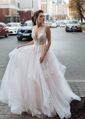 Beaded Ivory Lace Tulle Cross Back Sexy Wedding Dress